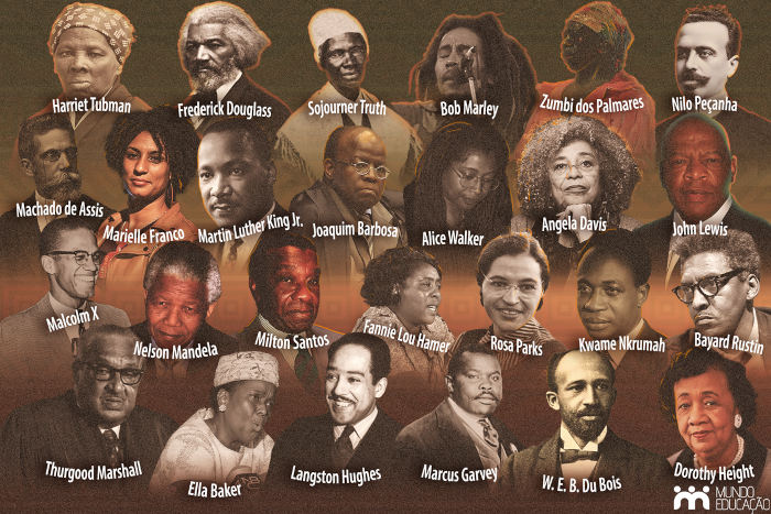 Colagem com as fotos de 26 personalidades negras que marcaram a história.
