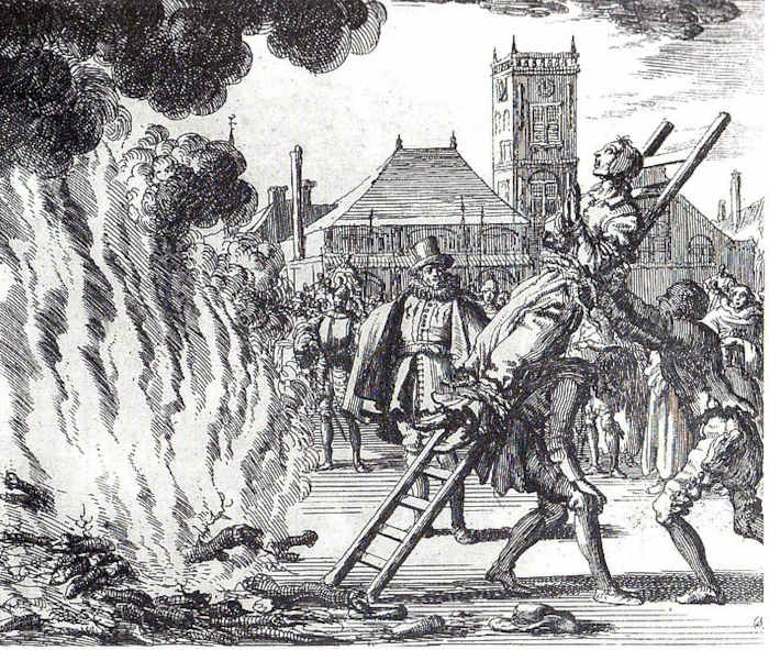 Gravura do século XVII ilustrando a execução na fogueira no contexto da Inquisição.