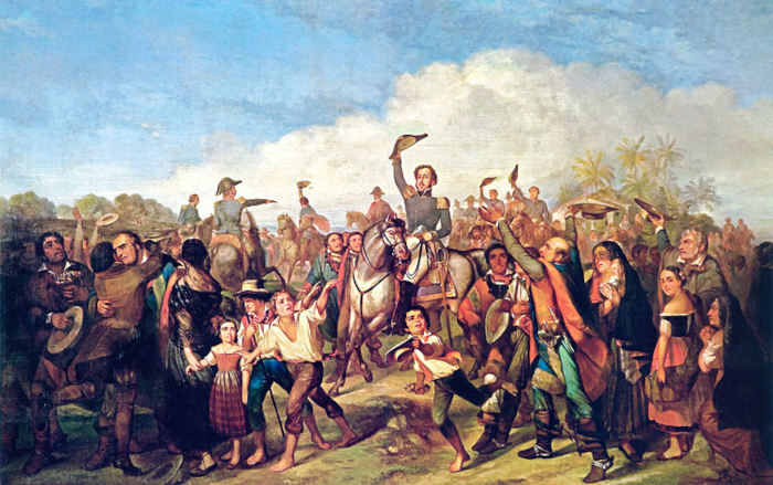 Pintura retratando d. Pedro proclamando a independência do Brasil, em texto sobre a independência da Bahia.
