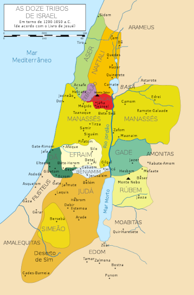 Mapa com a divisão do território dos judeus entre as 12 tribos.
