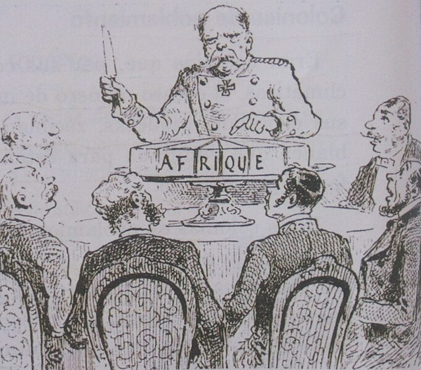 Otto Von Bismarck cortando um bolo com o nome “África”, em alusão à partilha da África.
