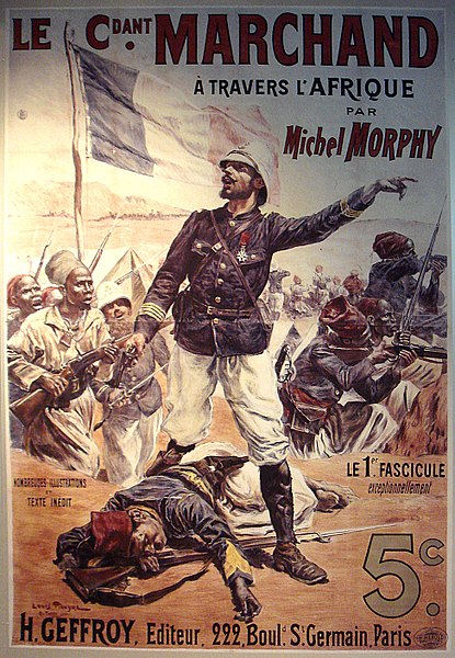 Cartaz representado militar francês derrotando exército africano em texto sobre partilha da África.