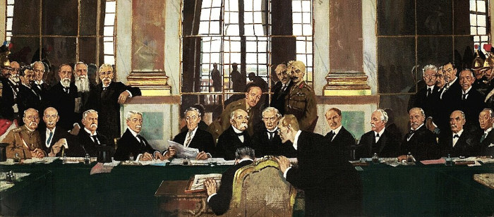 Pintura representando a Conferência de Paz de Paris, evento que buscou negociar os termos da paz após da Primeira Guerra Mundial.
