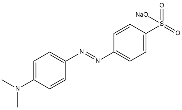 Estrutura molecular do alaranjado de metila, um exemplo de indicador ácido-base.