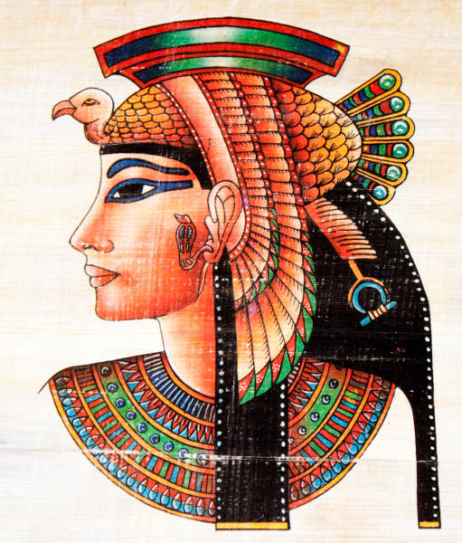 Pintura em papiro da figura da Cleópatra, uma das mulheres importantes da história.