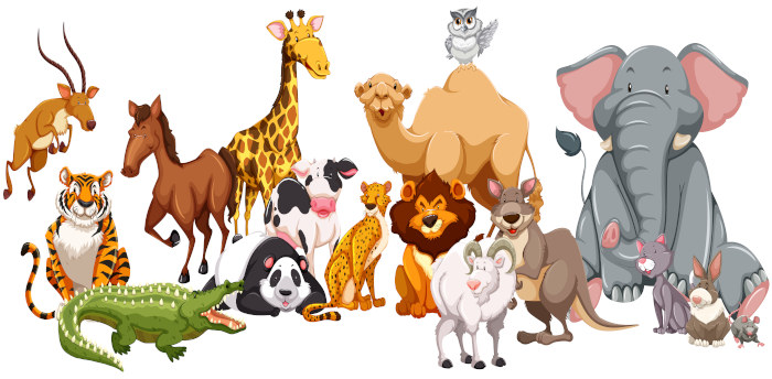 Ilustração de animais em texto sobre nomes de animais em espanhol.