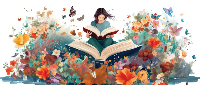 Imagem conceitual traz mulher sentada sobre livros e em meio a flores, em alusão à linguagem literária.
