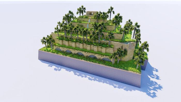 Representação gráfica dos Jardins Suspensos da Babilônia, construídos por Nabucodonosor II, o imperador dos caldeus.