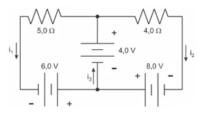 Ilustração de um circuito elétrico em uma questão da Udesc sobre leis de Kirchhoff.