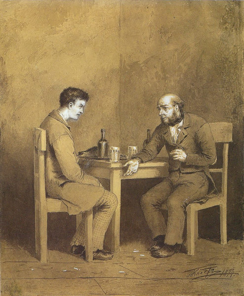 Gravura com dois homens sentados, bebendo, personagens do niilismo literário russo.