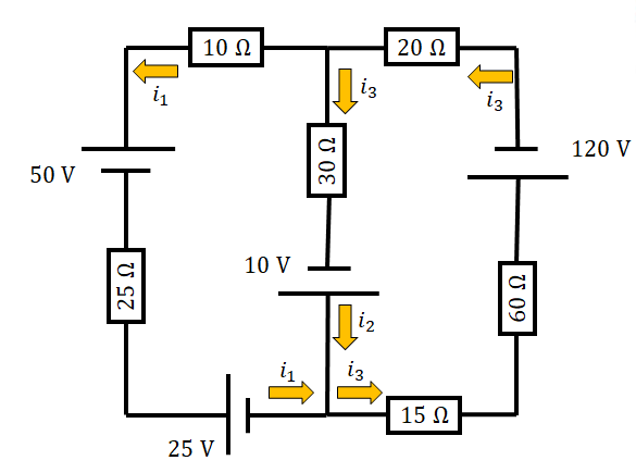 Ilustração 2 de um circuito elétrico na resolução de uma questão sobre leis de Kirchhoff.