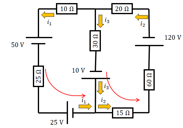 Ilustração 4 de um circuito elétrico na resolução de uma questão sobre leis de Kirchhoff.