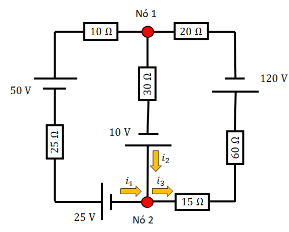 Ilustração 1 de um circuito elétrico na resolução de uma questão sobre leis de Kirchhoff.