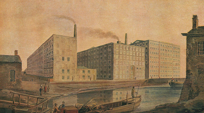 Pintura de antigas fábricas à beira de um lago, em textos sobre urbanização.