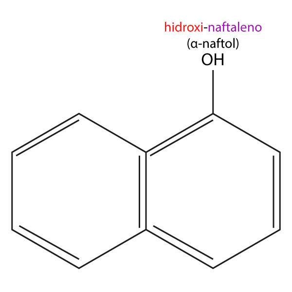 1-hidroxi-naftaleno ou α-naftol, um exemplo da nomenclatura do fenol.