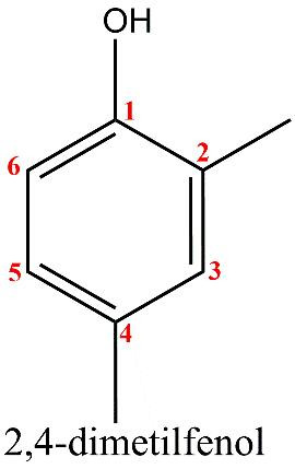 2,4-dimetilfenol, um exemplo da nomenclatura do fenol.