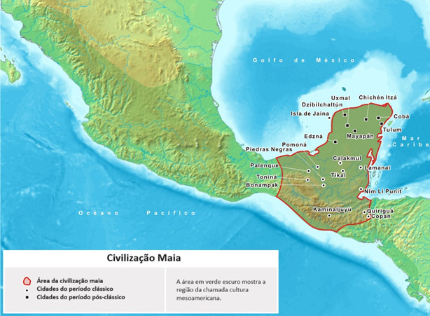 Mapa das principais cidades da civilização dos maias.