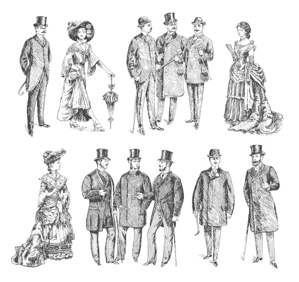 Desenho de homens e mulheres vestidos de acordo com a moda da Era Vitoriana.