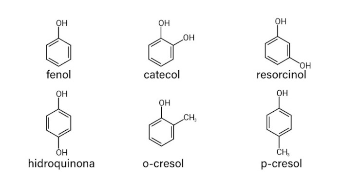 Exemplos de nomes não sistemáticos dados a compostos orgânicos derivados do benzeno, entre eles o fenol.