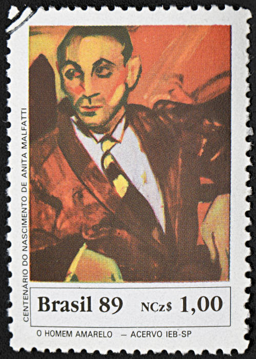 O homem amarelo, de Anita Malfatti, em um selo, obra da Semana de Arte Moderna de 1922.