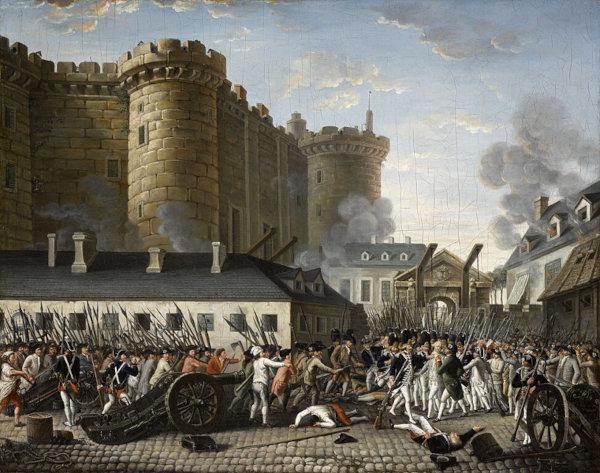 Pintura mostrando a Tomada da Bastilha, um marco da Revolução Francesa, contexto de surgimento dos termos direita e esquerda.