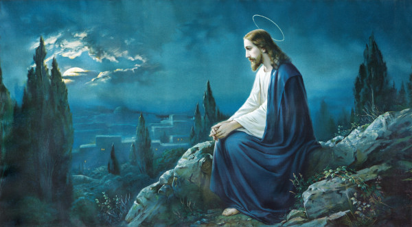 Pintura representando Jesus Cristo sentado no Monte das Oliveiras, próximo ao Jardim de Getsêmani, em alusão à Semana Santa.