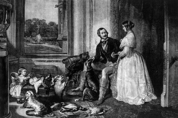 Pintura retratando rainha Vitória (direita) e príncipe Alberto (esquerda), com crianças e cachorros.