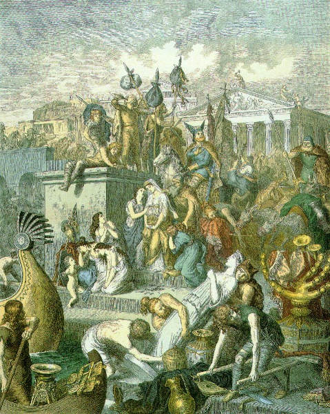 Saque de Roma pelos visigodos retratado em pintura, uma das causas da queda do Império Romano.