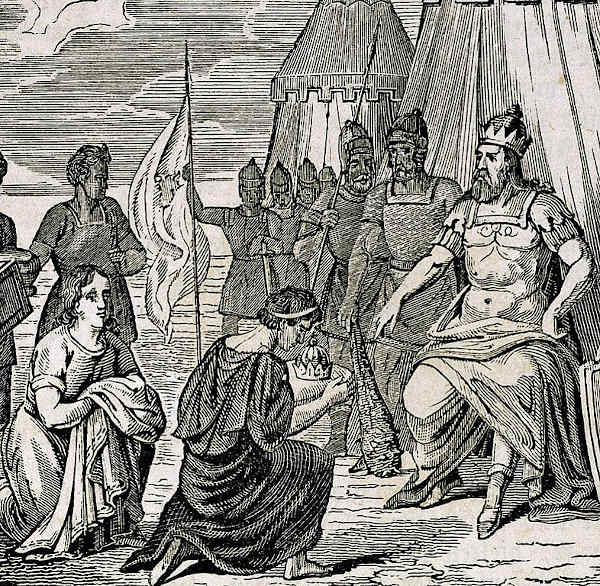 Rômulo Augusto sendo deposto por Odoacro, em texto sobre a queda do Império Romano.