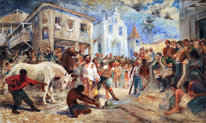 Pintura mostrando o julgamento de Filipe dos Santos, o líder de uma das principais revoltas coloniais do Brasil.