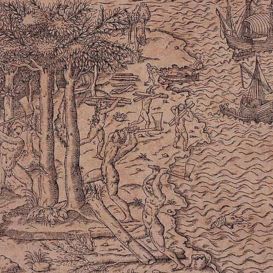 Gravura do século XVI representando a derrubada do pau-brasil, no primeiro ciclo econômico brasileiro.