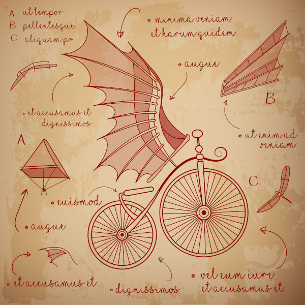 Desenhos de alguns dos protótipos e das invenções de Leonardo da Vinci.