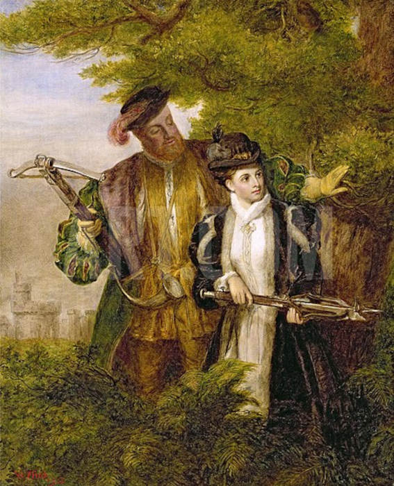 Pintura retratando Ana Bolena caçando com Henrique VIII.