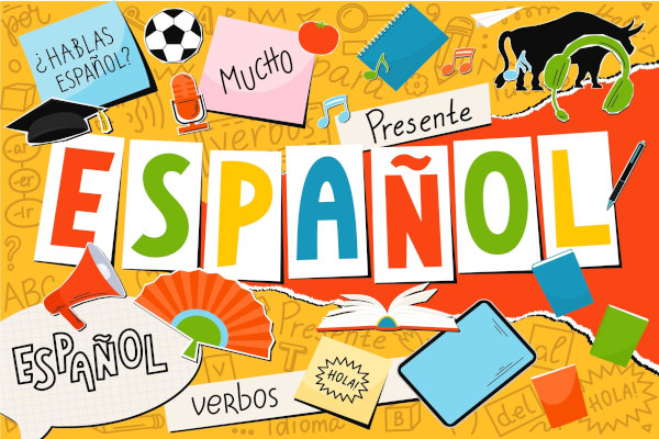 Ilustração com vários escritos em espanhol, uma alusão aos verbos regulares em espanhol.