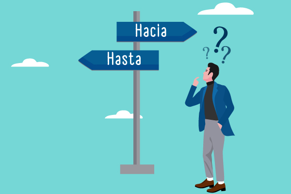 Ilustração de um homem em dúvida em relação aos usos de “hacia” e de “hasta” em espanhol.