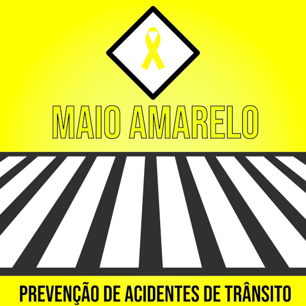 Ilustração sobre o Maio Amarelo com o escrito “Prevenção de acidentes de trânsito”.