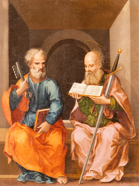 Pintura mostrando São Pedro e São Paulo, santos católicos celebrados em 29 de junho, no Dia de São Pedro e de São Paulo.