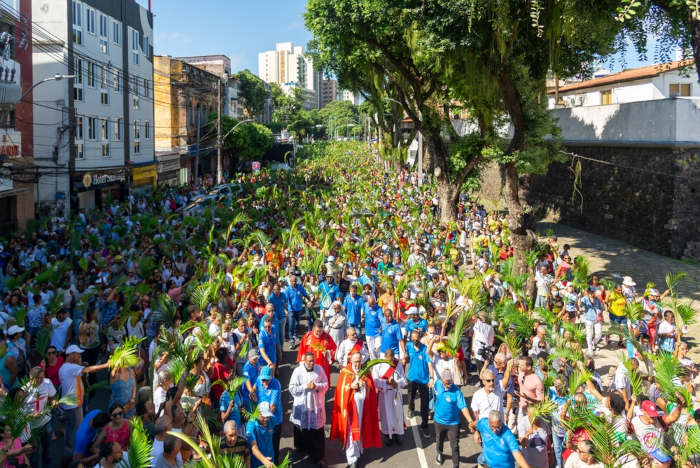 Multidão celebrando o Domingo de Ramos em texto sobre cristianismo.