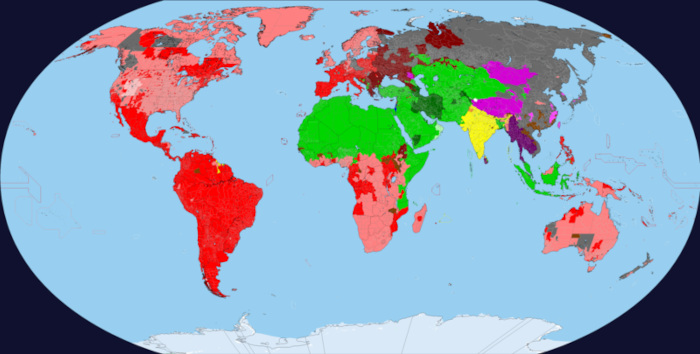 Mapa-múndi com a distribuição do cristianismo.