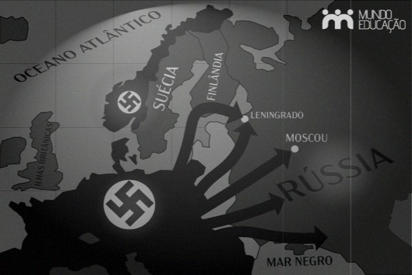 Mapa mostrando as cinco frentes de ataques nazistas à União Soviética na Operação Barbarossa.