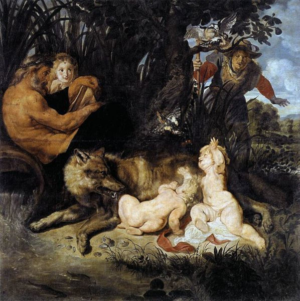 Pintura de Peter Paul Rubens, “Rômulo e Remo”, representando o momento em que as duas crianças são amamentadas por uma loba.