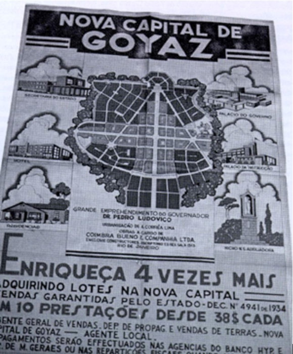 Cartaz da época da construção de Goiânia estimulando a migração para a cidade, parte importante da história de Goiânia.