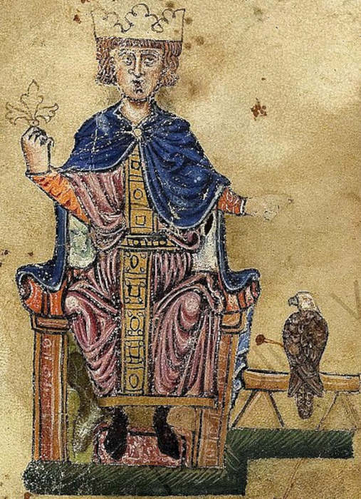 Obra do século XIII representando Frederico II, do Sacro Império Germânico, como rei de Jerusalém, no contexto das Cruzadas.