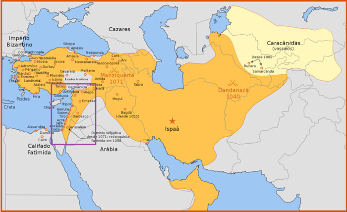 Mapa mostrando a extensão máxima do Império Seljúcida, que conquistou a Terra Santa e está ligado à ocorrência das Cruzadas.