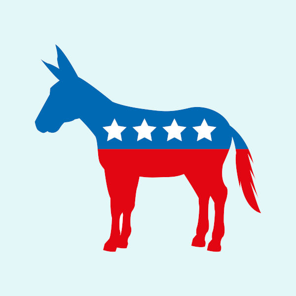 Desenho de um burro nas cores vermelha, azul e branca, símbolo dos democratas nos EUA.