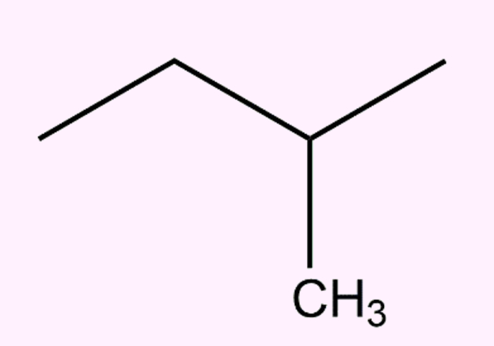 2-metil-butano, exemplo de cadeia aberta ramificada, uma classificação das cadeias de carbono.