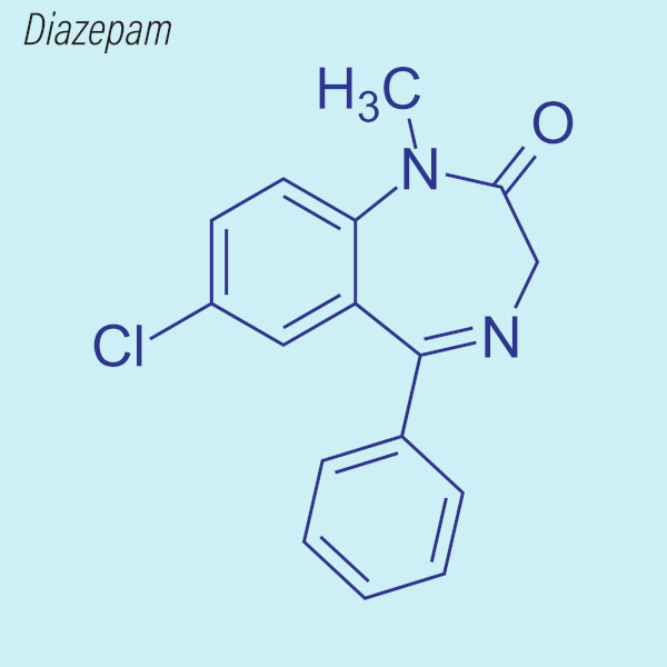 Fórmula estrutural do diazepam, medicamento tranquilizante que tem aminas em sua composição.