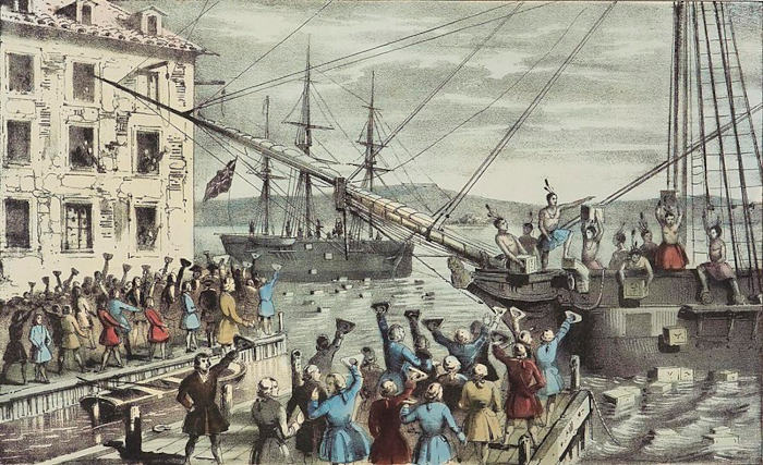 Pintura retratando ataque às embarcações durante Festa do Chá de Boston, parte da história da América.