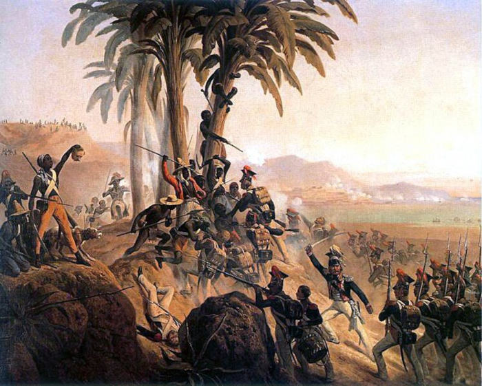 Pintura retratando batalha da Revolução Haitiana, parte da história da América.