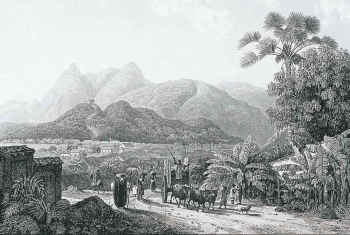 Vista panorâmica da histórica Cidade de Goiás, em gravura de Johann Axmann, de 1830.